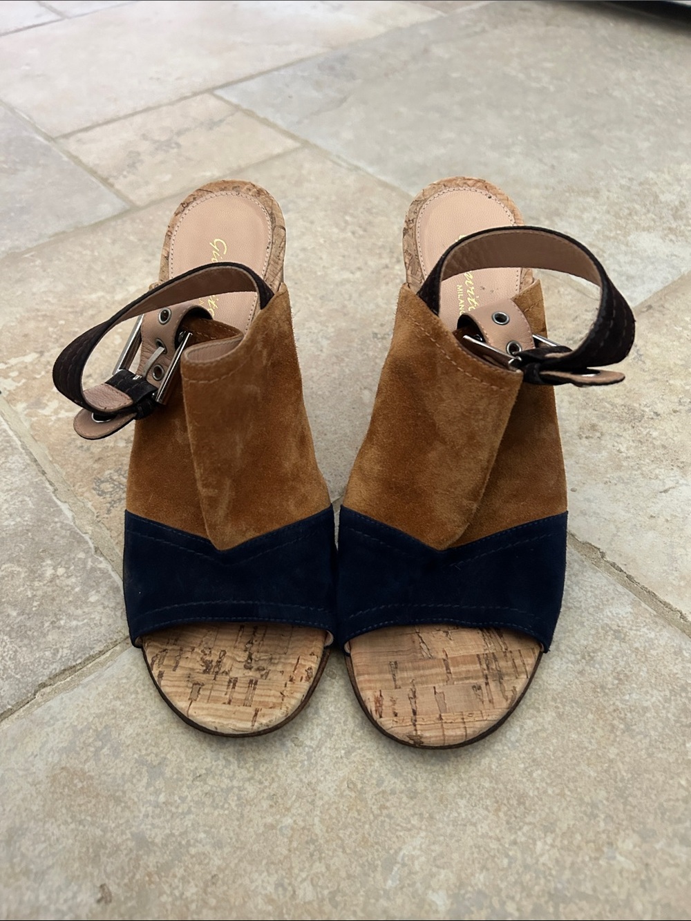 Gianvito Rossi Two-Tone Suede Slingback Mule in Brown & Navy